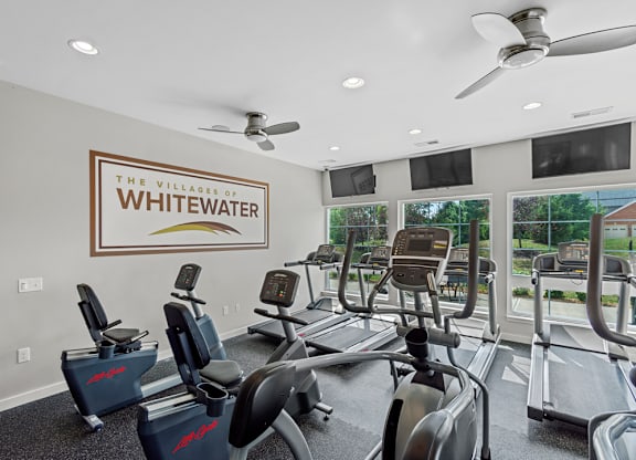 A gym with treadmills and exercise bikes is labeled