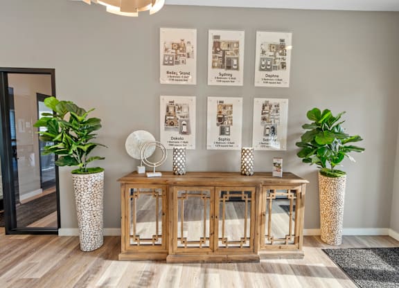 A room with a wooden cabinet, two potted plants, and a wall with pictures and descriptions of appliances.