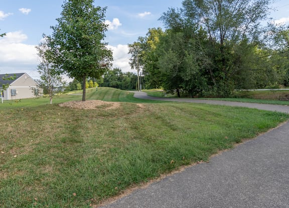 A paved walkway curves through a grassy area with trees in the background.