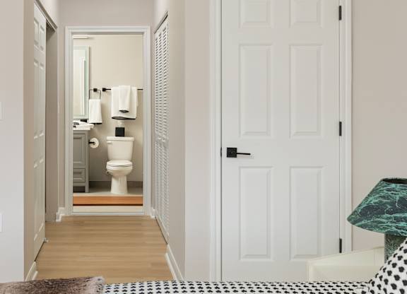 "Luxury en-suite bathroom in a newly renovated Princeton, NJ apartment rental at The Mews at Princeton Junction. Modern 2025 design with sleek fixtures, vanity, and spa-inspired finishes.