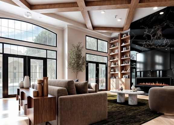 A modern living room with a fireplace and a large window.
