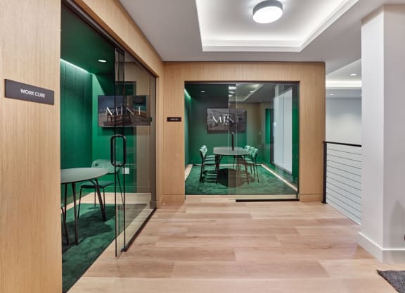 Private work cubes at The Mint Rahway, ideal for remote work, located near Rahway Train Station and Union County Performing Arts Center.