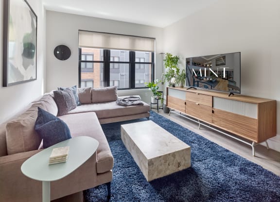 Comfortable living room at The Mint Rahway with a sectional sofa, modern decor, and a large window, providing a welcoming space for luxury apartment rentals in Rahway, NJ.