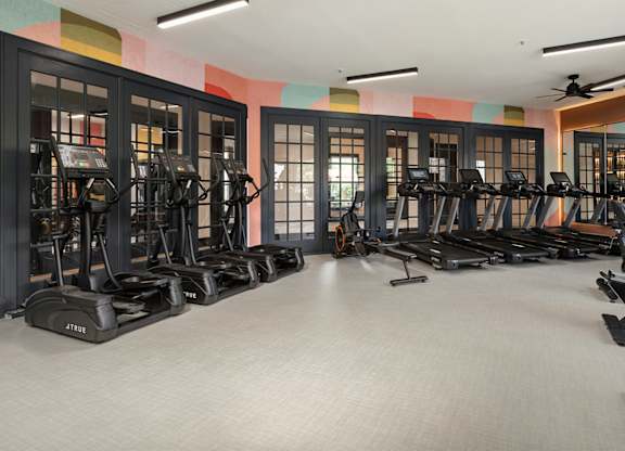 Cardio and training room at The Mews at Princeton Junction with treadmills, ellipticals, and vibrant wall art, offering luxury fitness amenities in Princeton NJ.