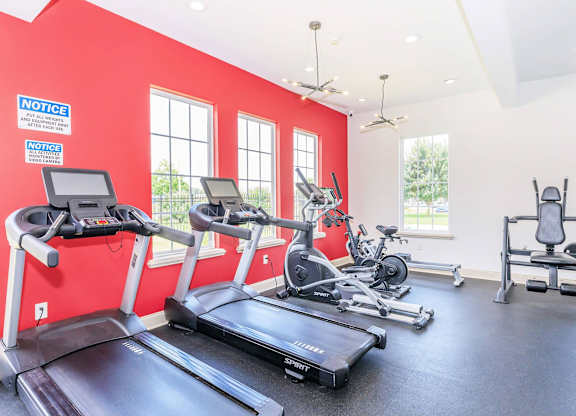 A gym with treadmills, exercise bikes, and weights.