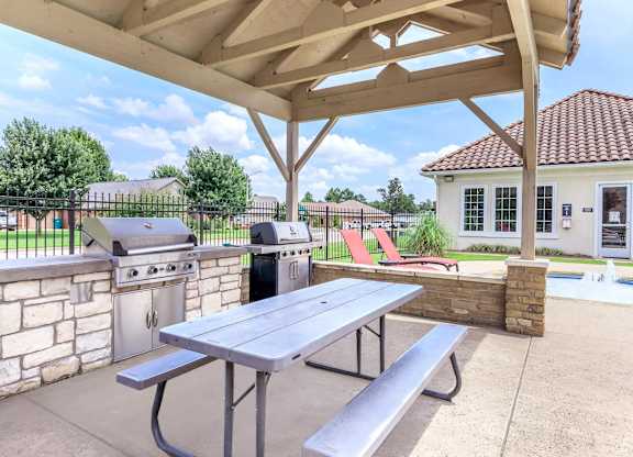 A picnic table is under a canopy next to a pool.