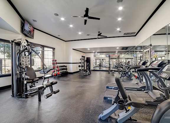 Cardio and weights room with treadmills, resistance machines, and wall-to-wall mirrors.
