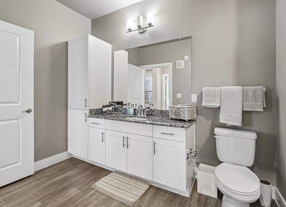 A bathroom with a toilet, sink, and mirror.