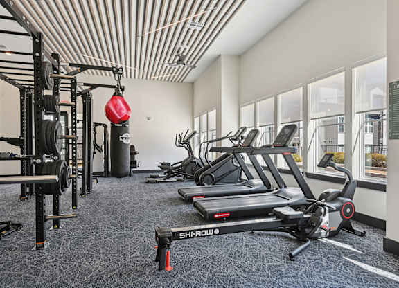 A gym with a variety of equipment including a treadmill, weight rack, and a red punching bag.