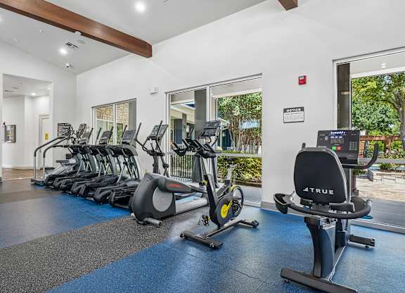 A gym with a row of exercise bikes and a treadmill.