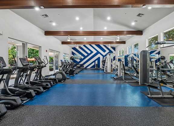 A gym with a blue and white chevron wallpaper.