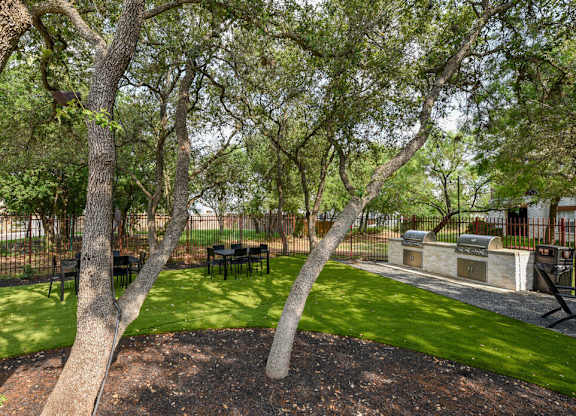 a park with trees and a table and benches