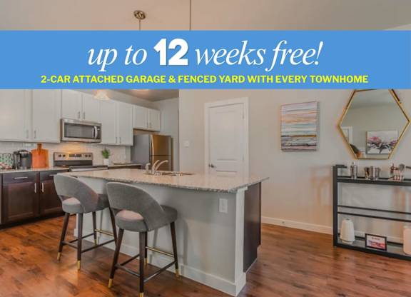 A kitchen with a bar and chairs is advertised as being free for up to 12 weeks.