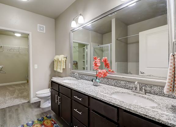 a bathroom with two sinks and a mirror and a toilet