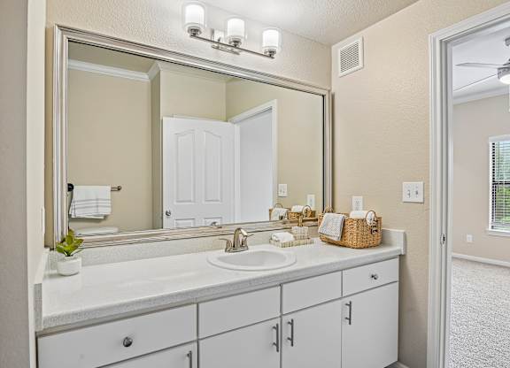A bathroom with a white sink and a large mirror.