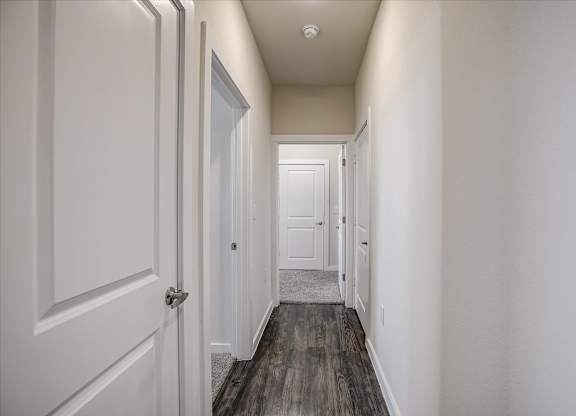 Interior hallway with wood-style flooring and multiple white doors.