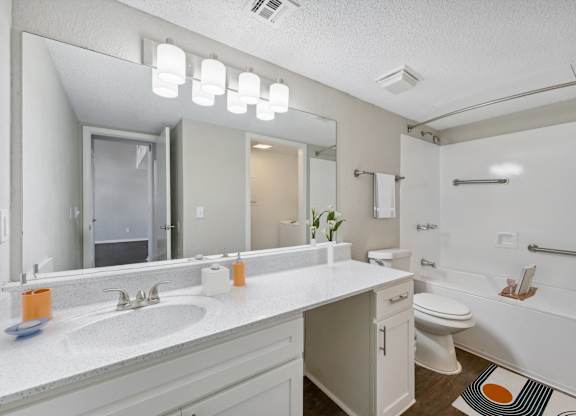 a bathroom with a large mirror and a sink and a toilet