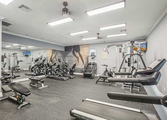 A well-equipped gym with various exercise machines and weights.