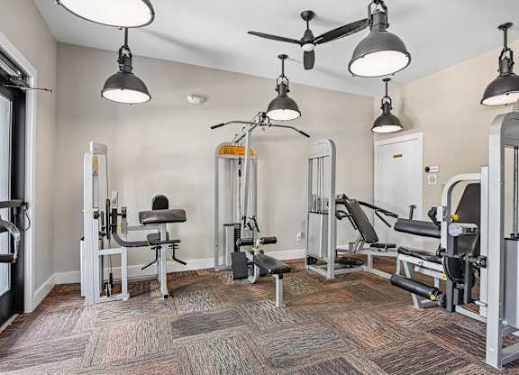 A gym with a variety of equipment including a bench press, a squat rack, and a leg press machine.
