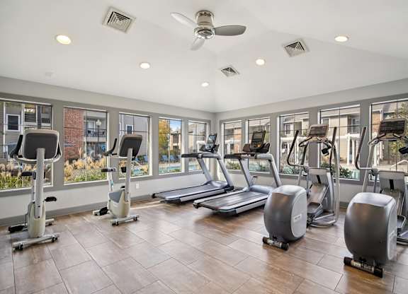 A gym with treadmills, elliptical machines, and a fan.