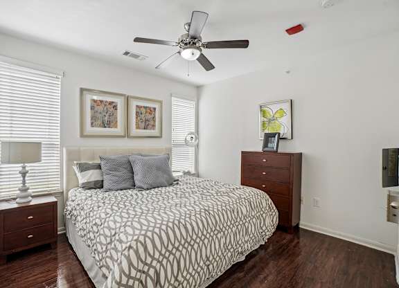 A bedroom with a patterned bedspread, a ceiling fan, and a nightstand with a lamp.