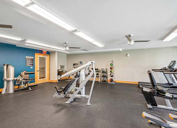 A gym with a variety of equipment including treadmills, weights, and a bench press.