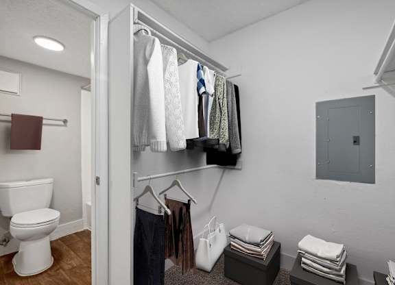 a bathroom with a toilet and a closet with clothes hanging on the wall