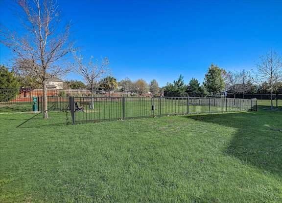 Fenced dog park with open grassy space and shade trees.