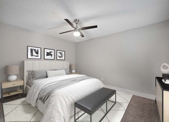 rendering of a bedroom with a bed and a ceiling fan