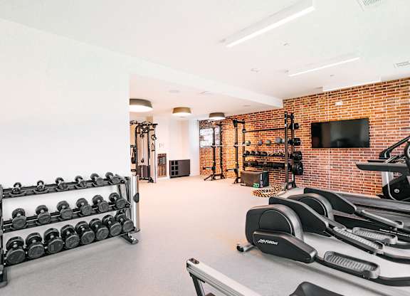 the gym is equipped with weights and a television