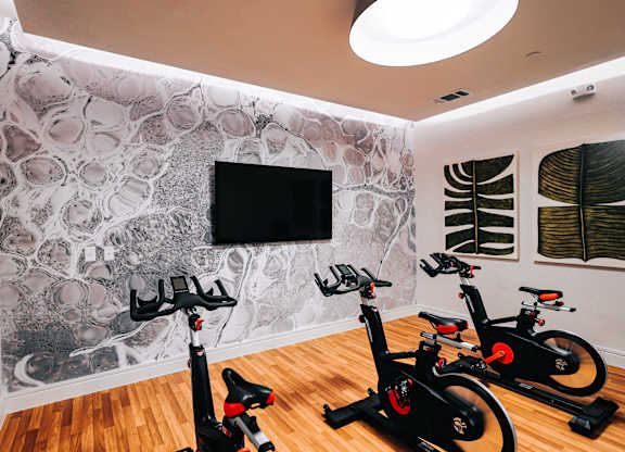 a gym with exercise bikes and a tv on the wall