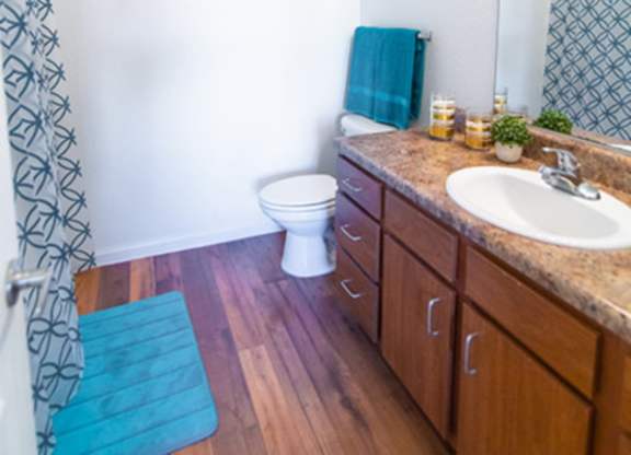 A bathroom with a toilet, sink, and wooden floors.