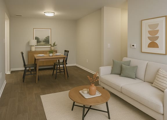 A living room with a white couch, a wooden coffee table, and a painting on the wall.