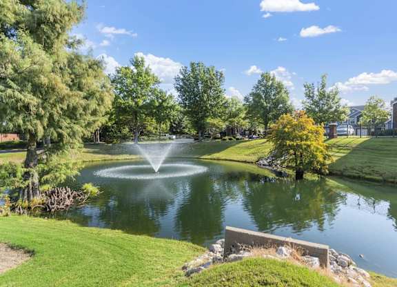 a fountain in the middle of a pond