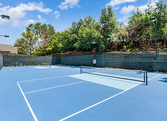 Blue pickleball court with nets, perimeter fencing, and trees beyond.
