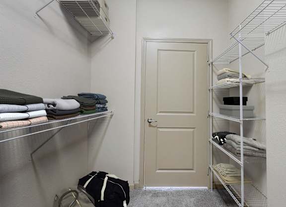 a walk in closet with shelves and a closet door