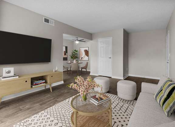 a living room with a couch and a table