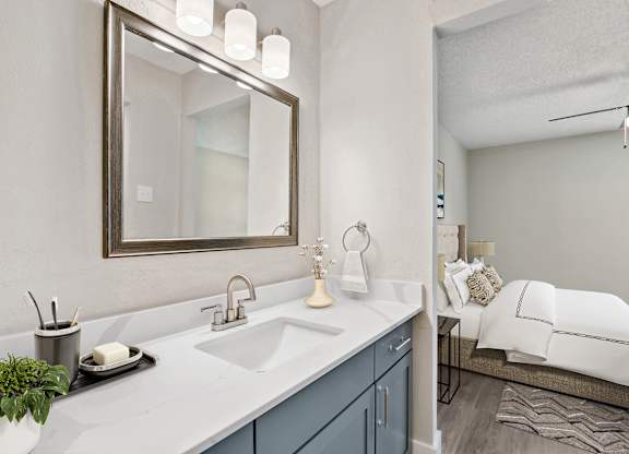 a bathroom with a sink and mirror