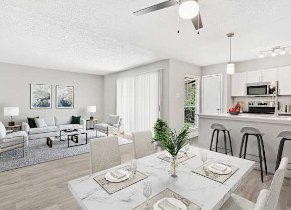 our apartments offer a living room with a dining area and a kitchen