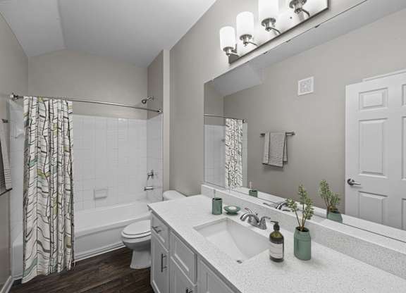 a bathroom with a sink and a shower and a toilet