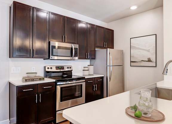A modern kitchen with dark brown cabinets and stainless steel appliances.