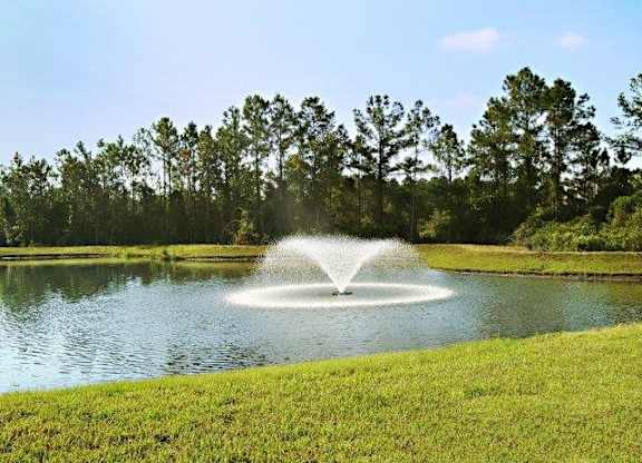 A fountain in the middle of a lake surrounded by trees.