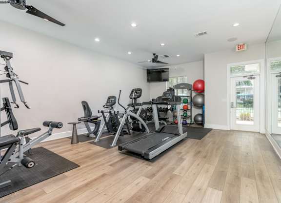 A well-equipped gym with a variety of exercise machines and a ceiling fan.