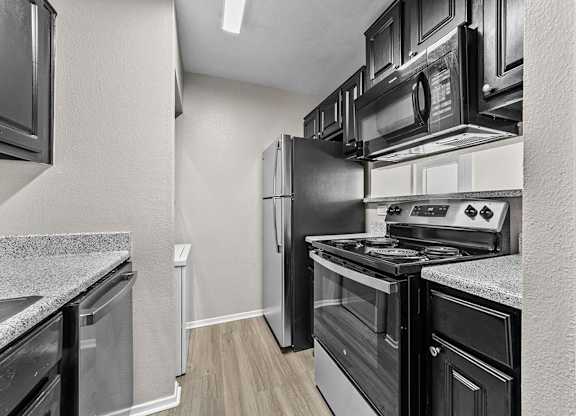 Galley-style kitchen with dark cabinetry, stainless steel appliances, and durable wood-style flooring.