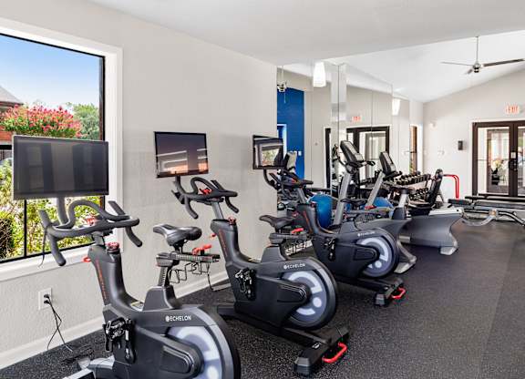 Modern fitness room with stationary bikes, cardio equipment, and bright natural light.