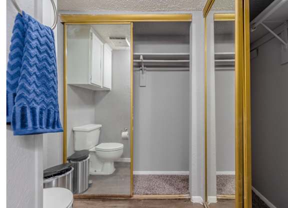 A bathroom with a toilet, a mirror, and a blue towel hanging on the wall.