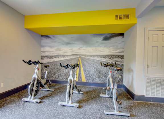 a room with two bikes and a mural on the wall