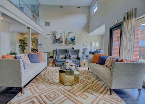 a living room filled with furniture and a large rug