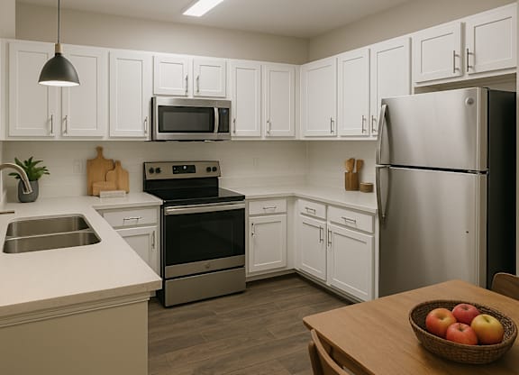 A kitchen with white cabinets and a stainless steel refrigerator.