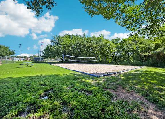 a volleyball court in a park with trees